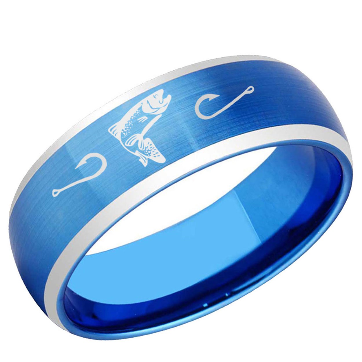 Trout Fishing Dome Tungsten Ring Brushed Blue 10mm