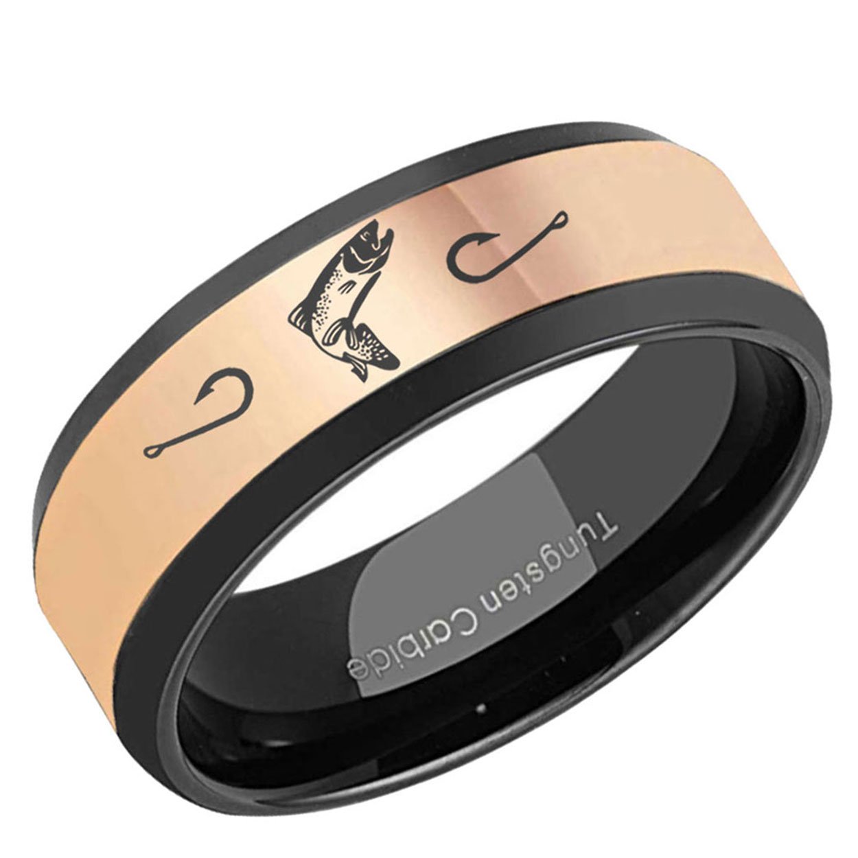 Trout Fishing Beveled Edge Tungsten Ring Rose Gold Black 8mm