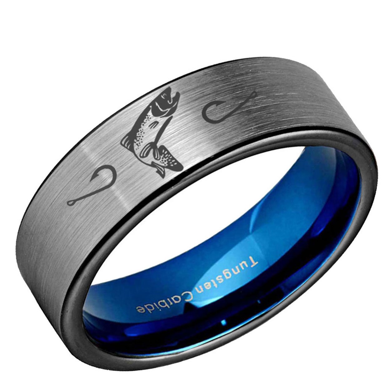 Trout Fishing Pipe Cut Tungsten Ring Blue Gray 8mm