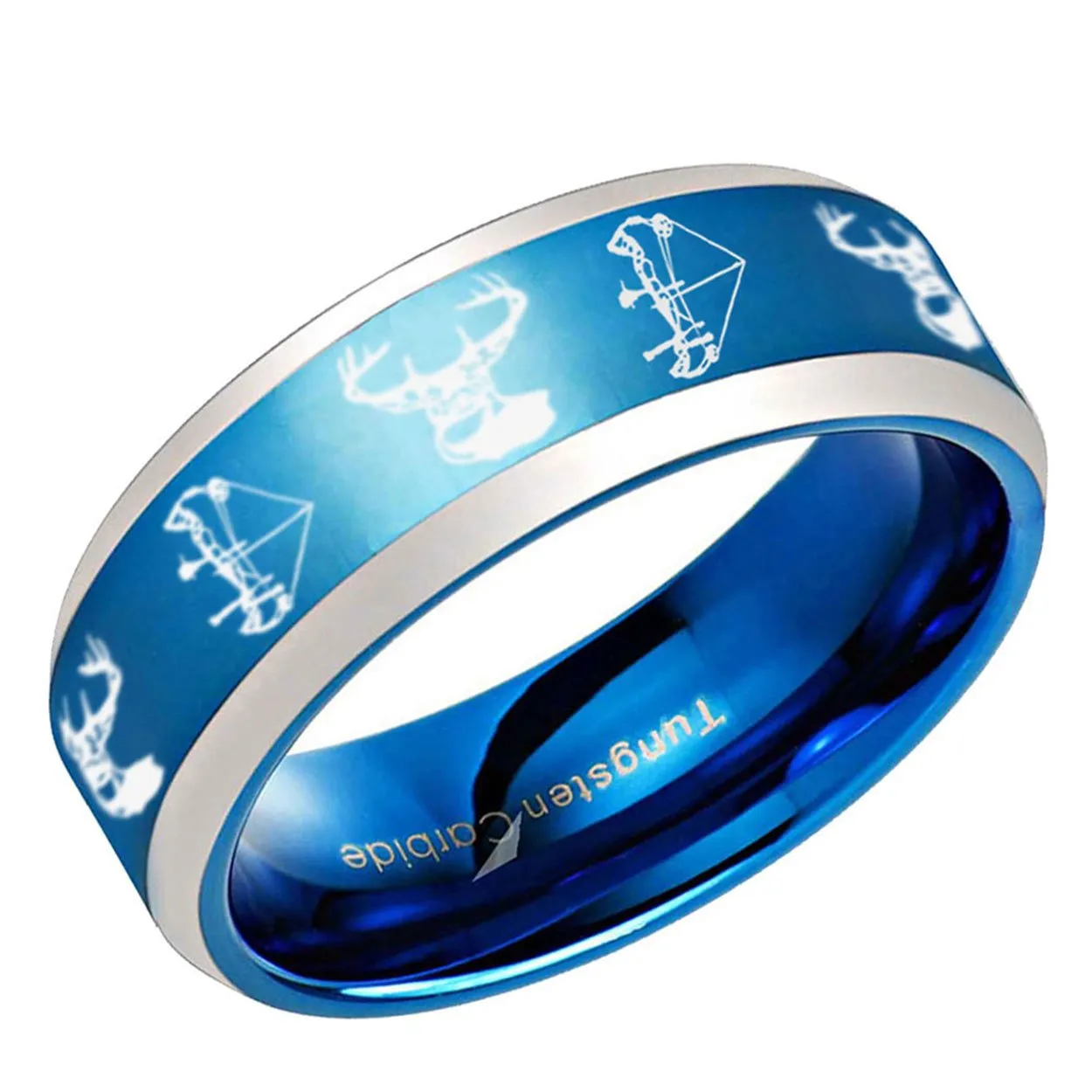 Elk Deer Bow Beveled Edge Tungsten Ring 8mm Blue