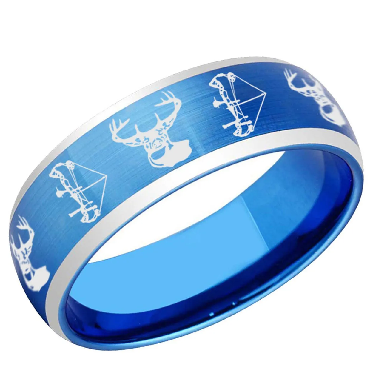 Elk Deer Bow Dome Tungsten Ring 8mm Brushed Blue