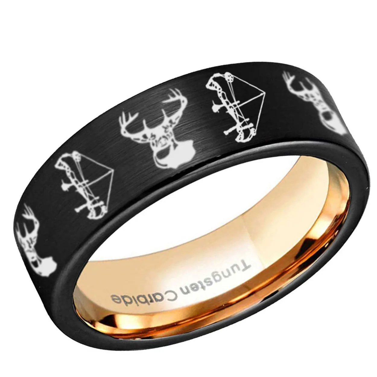 Elk Deer Bow Pipe Cut Tungsten Ring 8mm Rose Gold Black