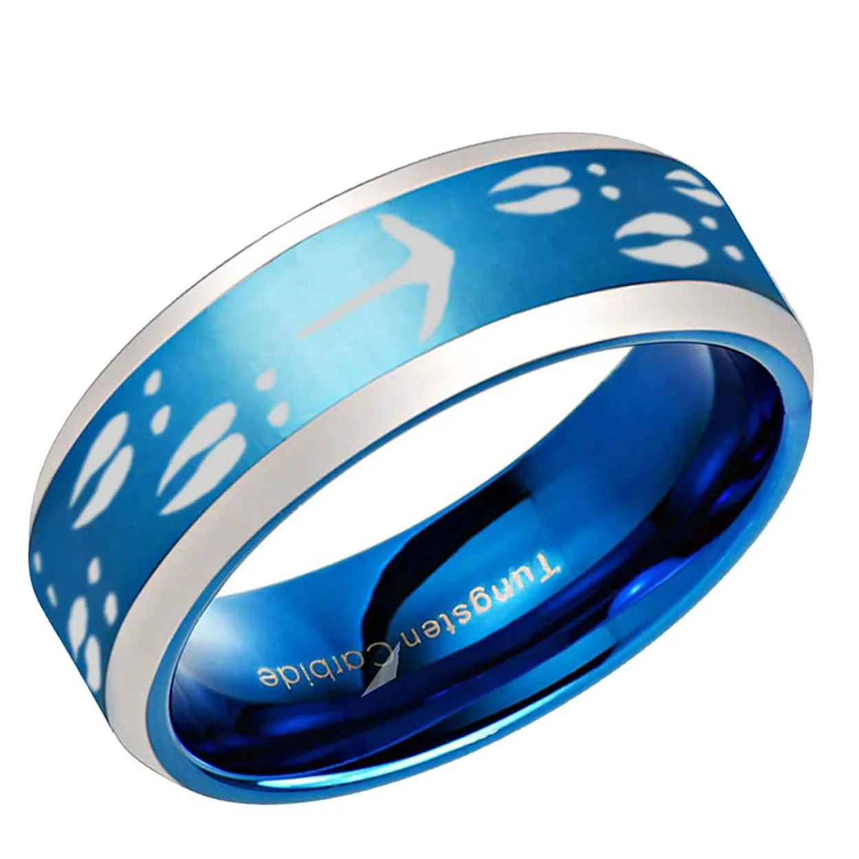 Deer Turkey Track Beveled Edge Tungsten Ring 8mm Blue