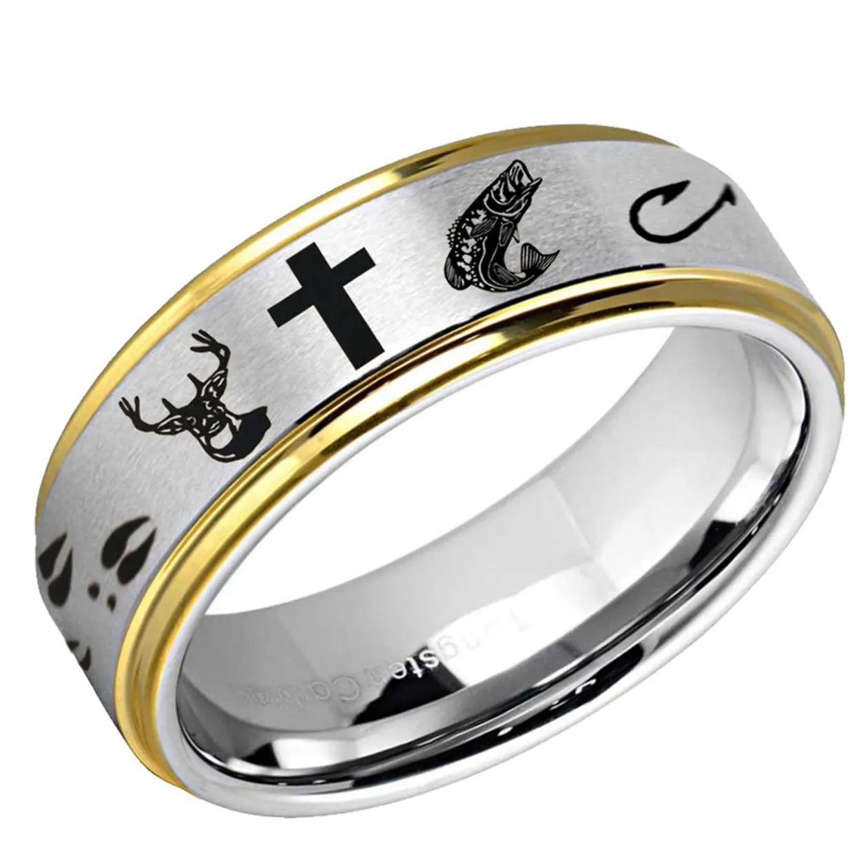 Deer Cross Fish Step Edge Tungsten Ring Silver Gold 10mm