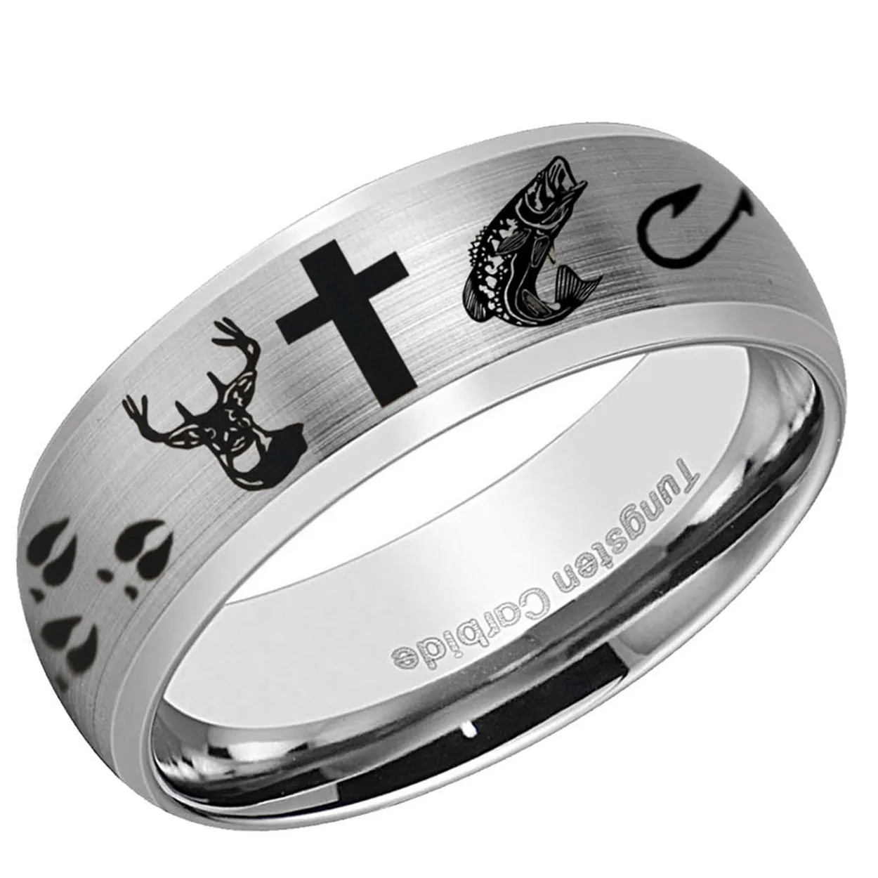Deer Cross Fish Dome Tungsten Ring Matte Silver 10mm