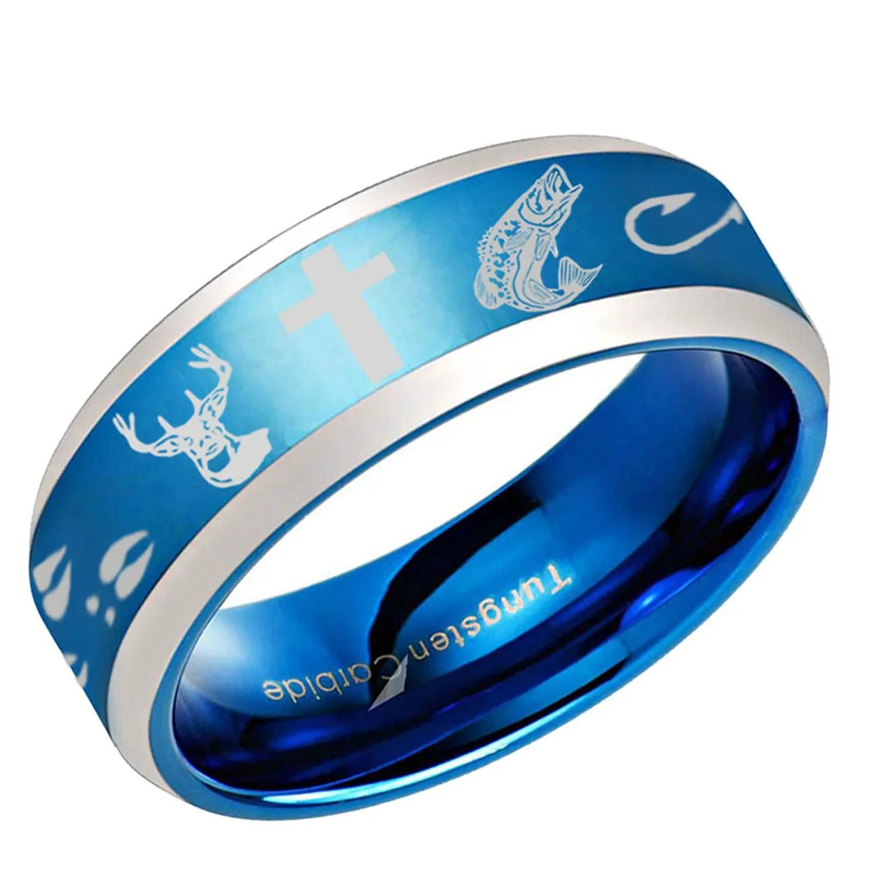 Deer Cross Fish Beveled Edge Tungsten Ring Blue 10mm