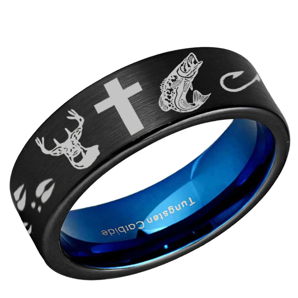 Deer Cross Fish Pipe Cut Tungsten Ring Blue Black 8mm