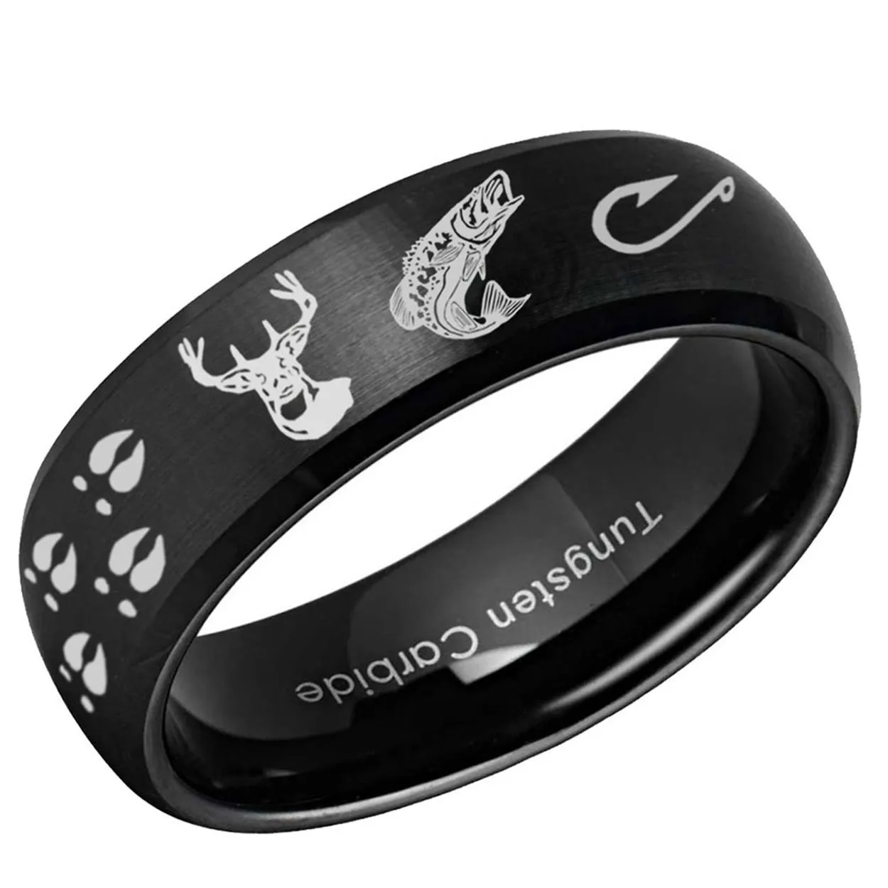 Deer Fish Hooks Dome Tungsten Ring Glossy Silver 8mm
