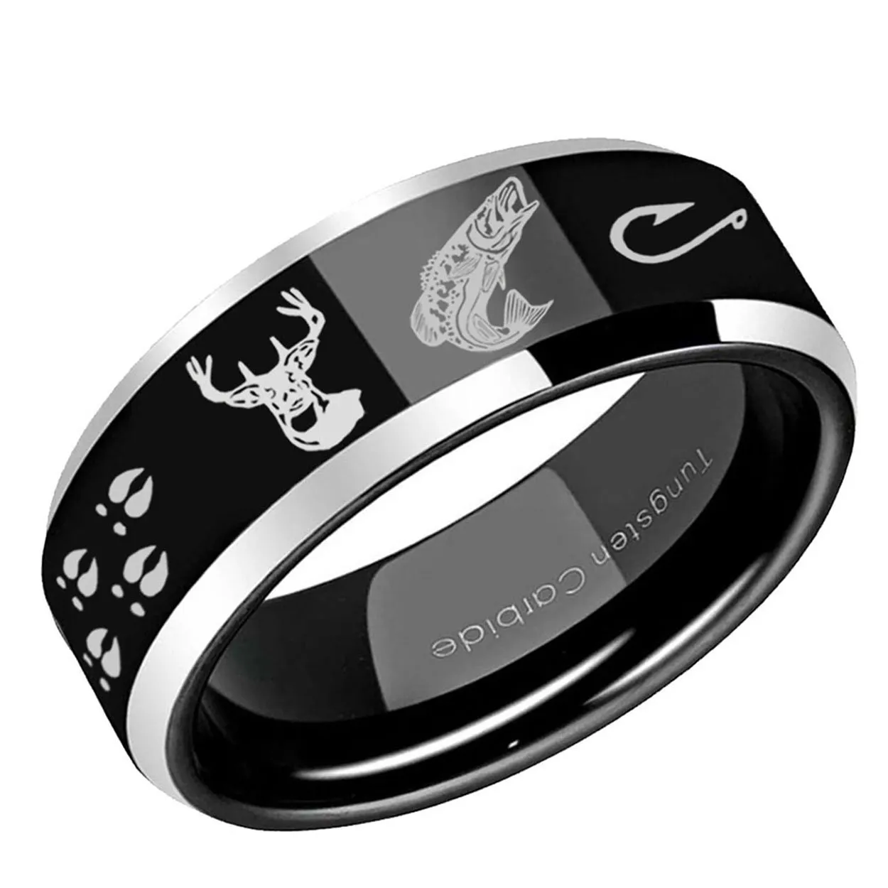 Deer Fish Hooks Beveled Edge Tungsten Ring Two Tone Black 10mm