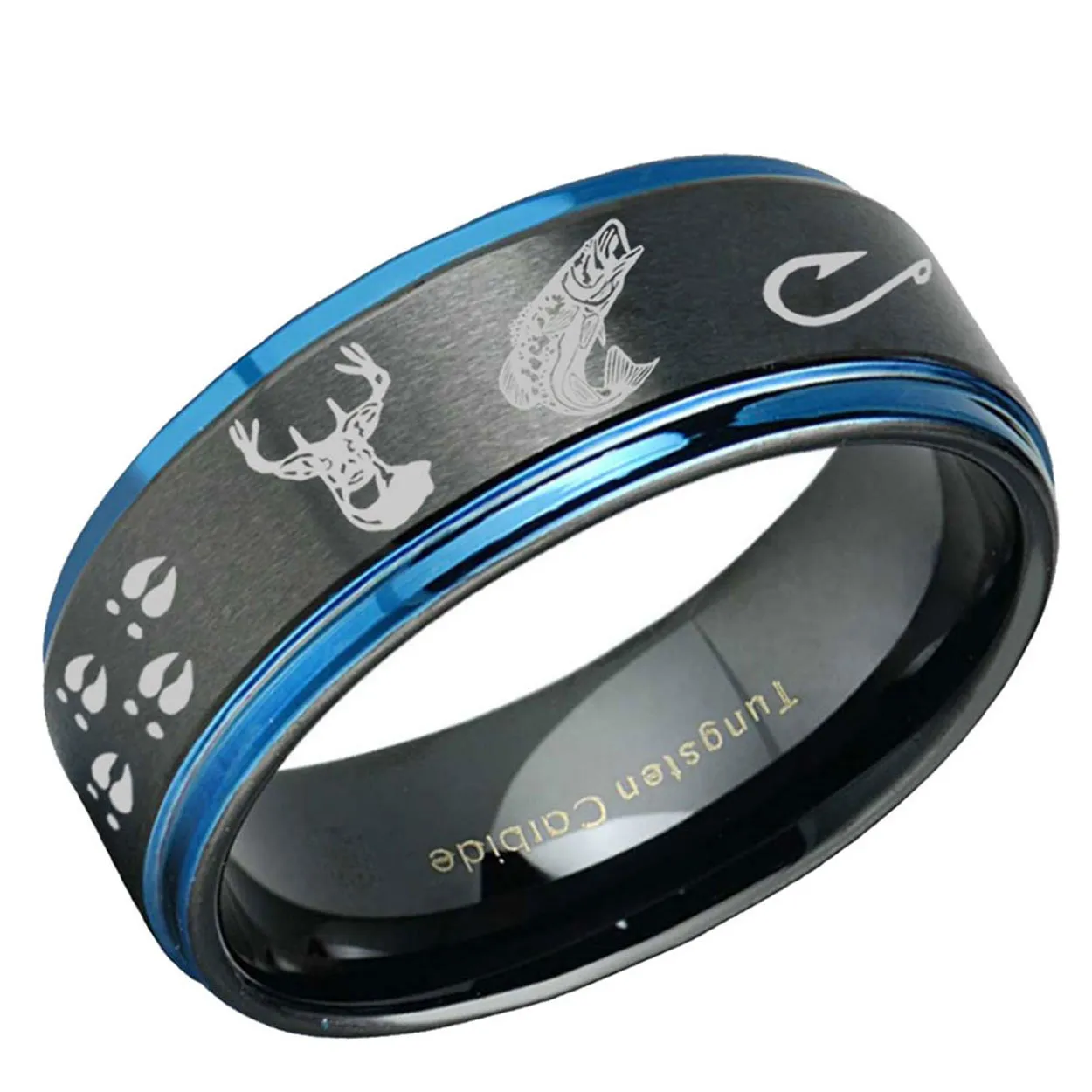 Deer Fish Hooks Step Edge Tungsten Ring Black Blue 10mm