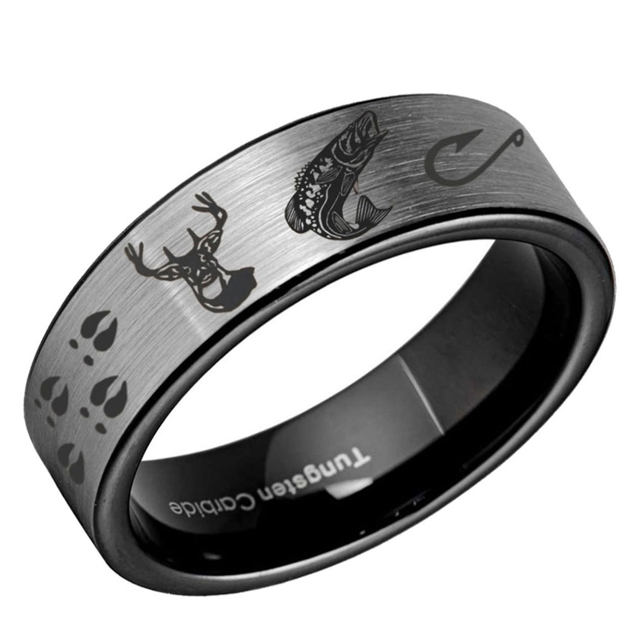 Deer Track and Fish Pipe Cut Gray and Black Tungsten Ring