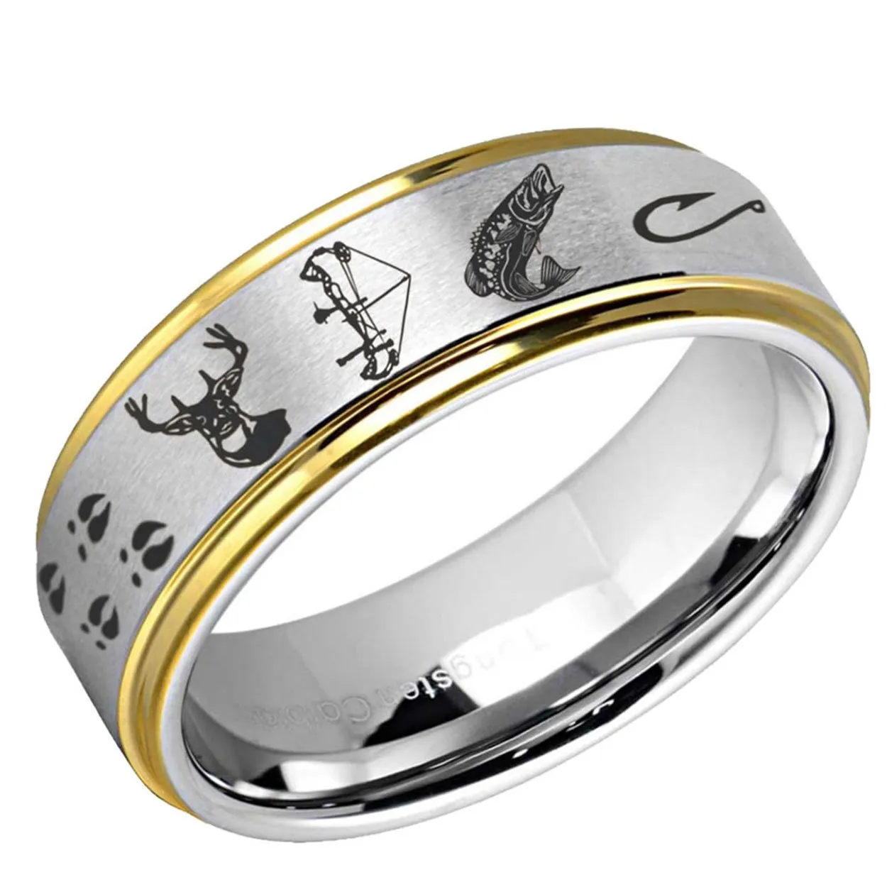 Deer Bow Fishing Step Edge Tungsten Ring Silver Gold 10mm