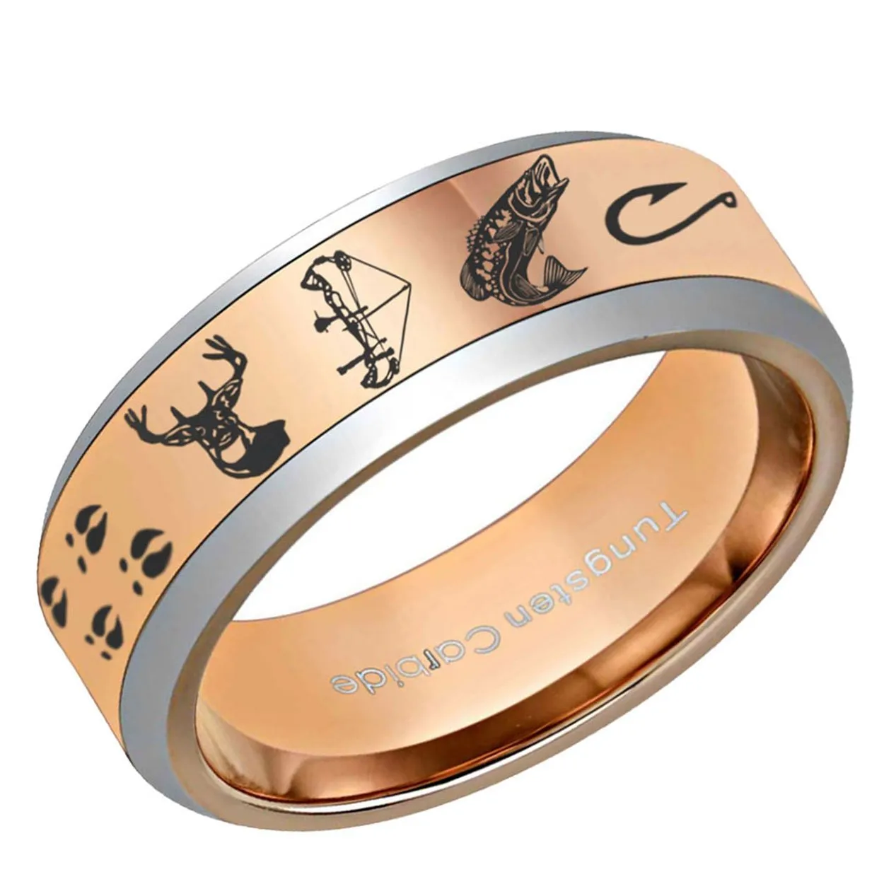 Deer Bow Fishing Beveled Edge Tungsten Ring Rose Gold 10mm