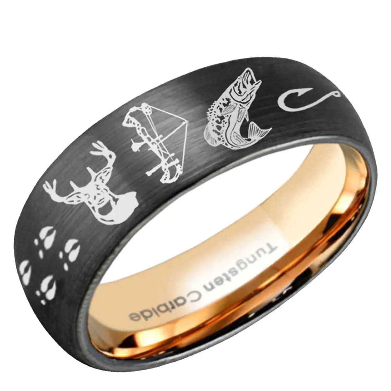 Deer Bow Fishing Dome Tungsten Ring Rose Gold Black 10mm