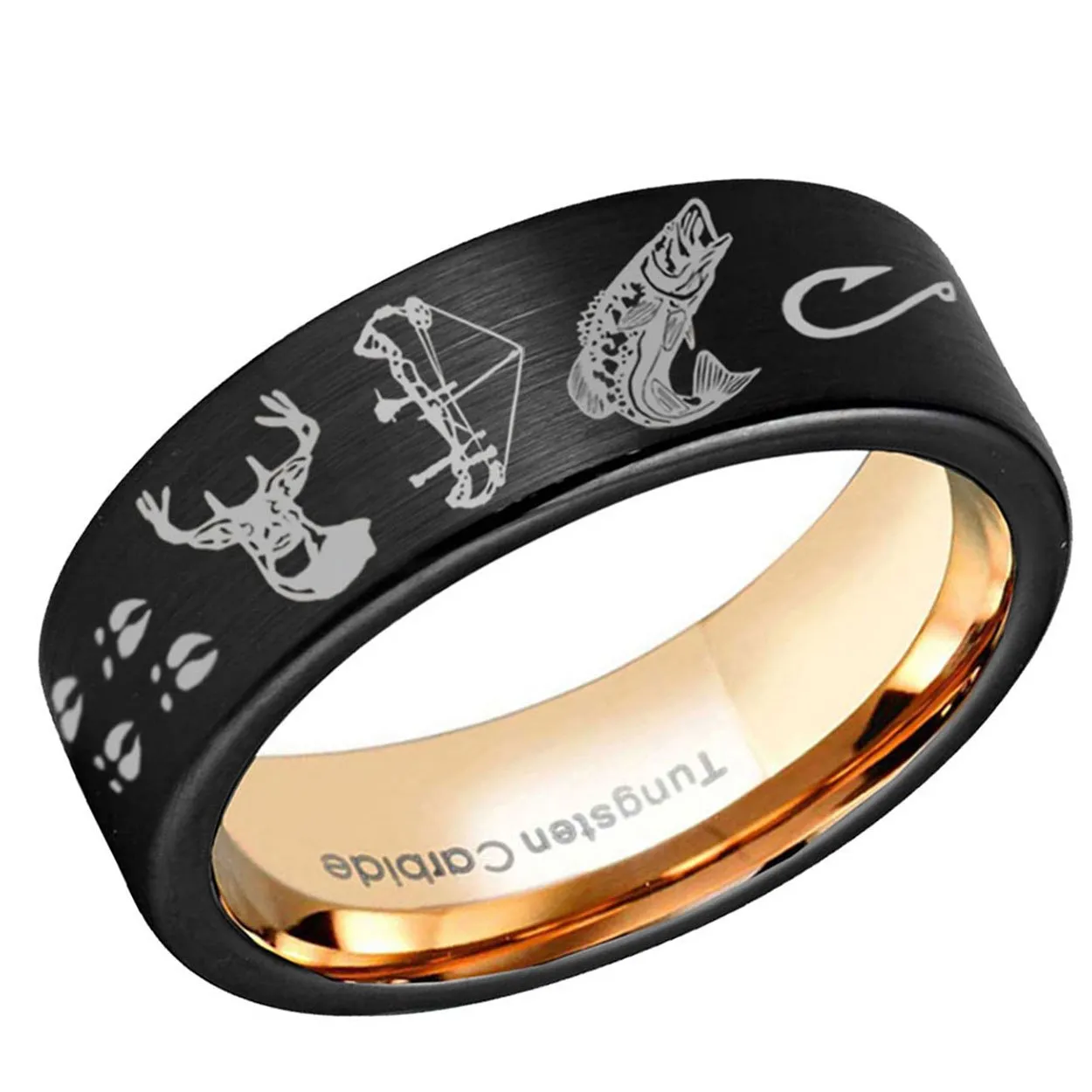 Deer Bow Fishing Pipe Cut Tungsten Ring Rose Gold Black 8mm
