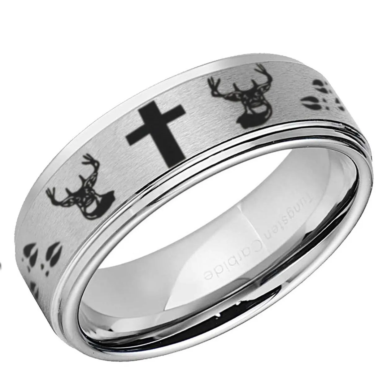 Deer Head Cross Step Edge Tungsten Ring 8mm Matte Silver