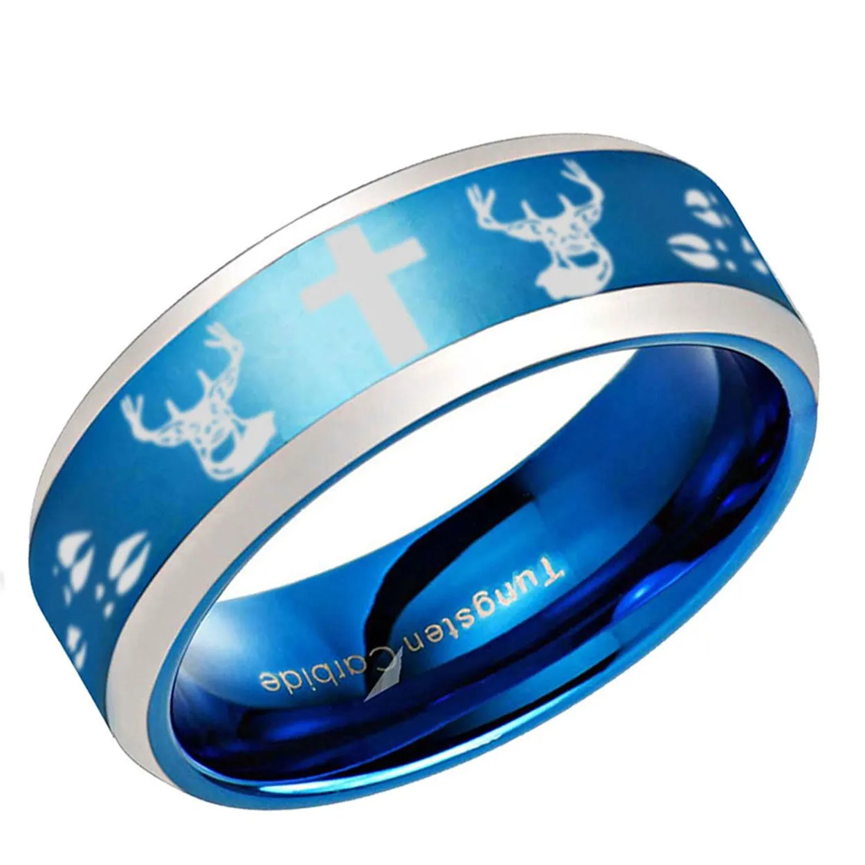 Deer Head Cross Beveled Edge Tungsten Ring 8mm Blue