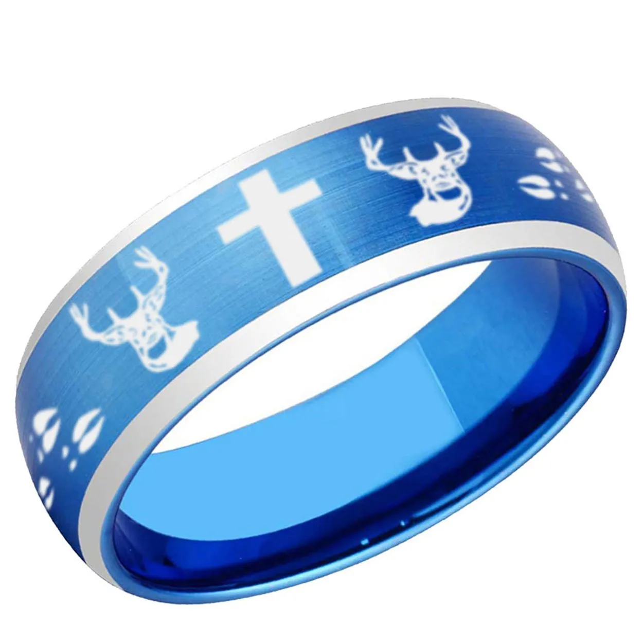 Deer Head Cross Dome Tungsten Ring 8mm Brushed Blue