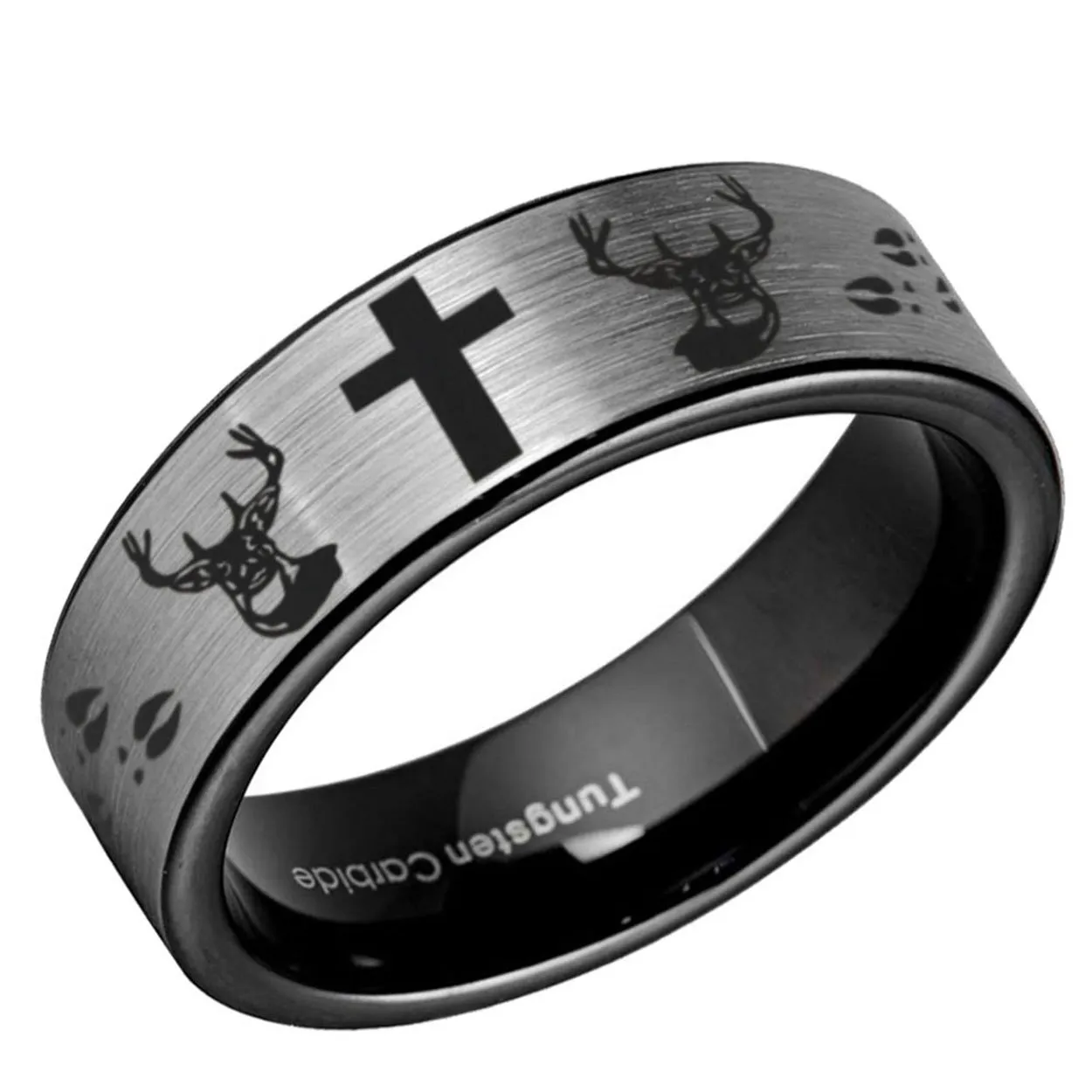 Deer Head Cross Pipe Cut Tungsten Ring 8mm Black Gray