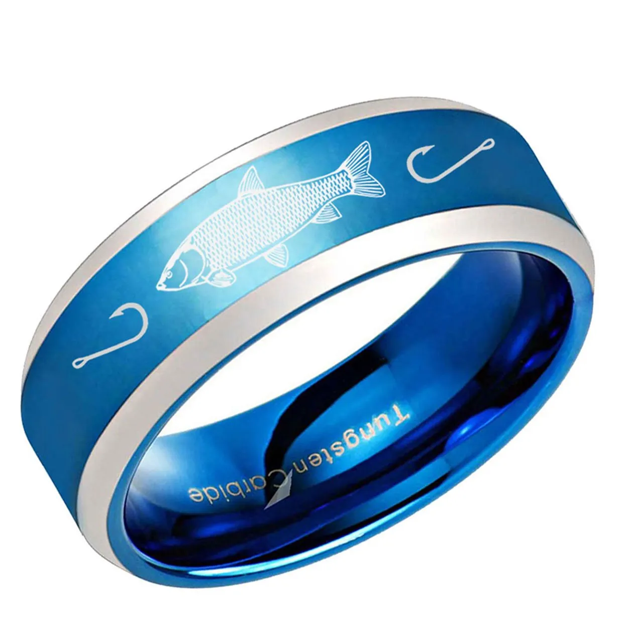 Grass Carp Beveled Edge Tungsten Ring 8mm Blue