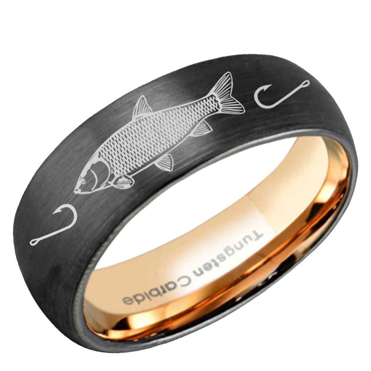 Grass Carp Dome Tungsten Ring 8mm Rose Gold Black