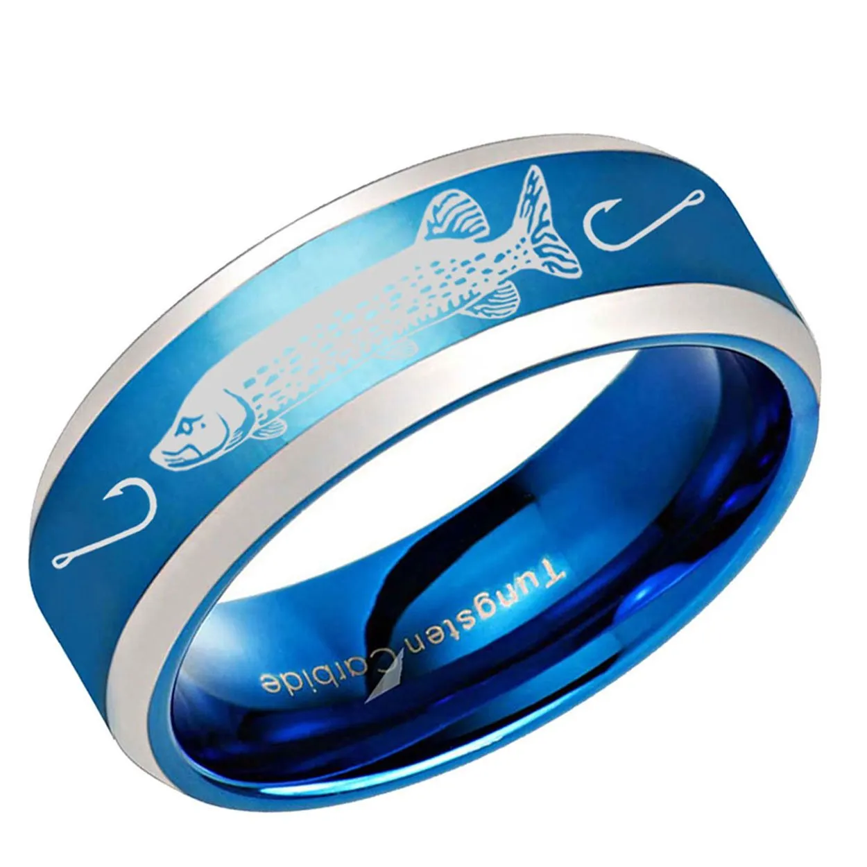 Northern Pike Beveled Edge Tungsten Ring 8mm Blue