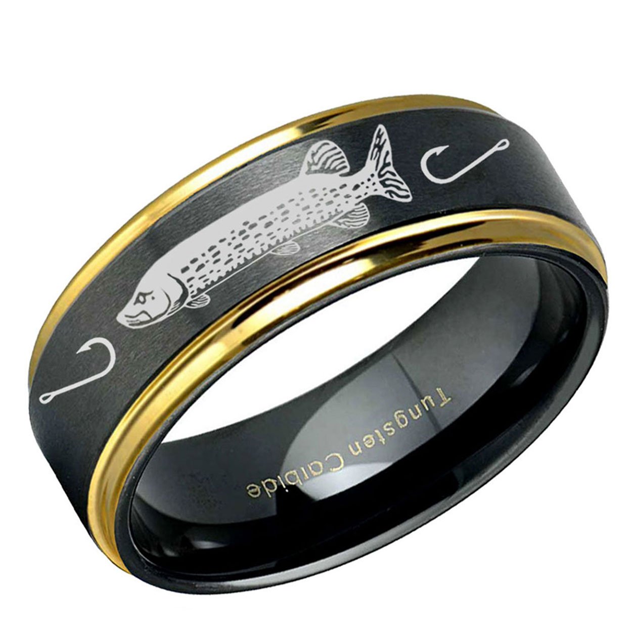 Northern Pike Step Edge Tungsten Ring 8mm Black Gold