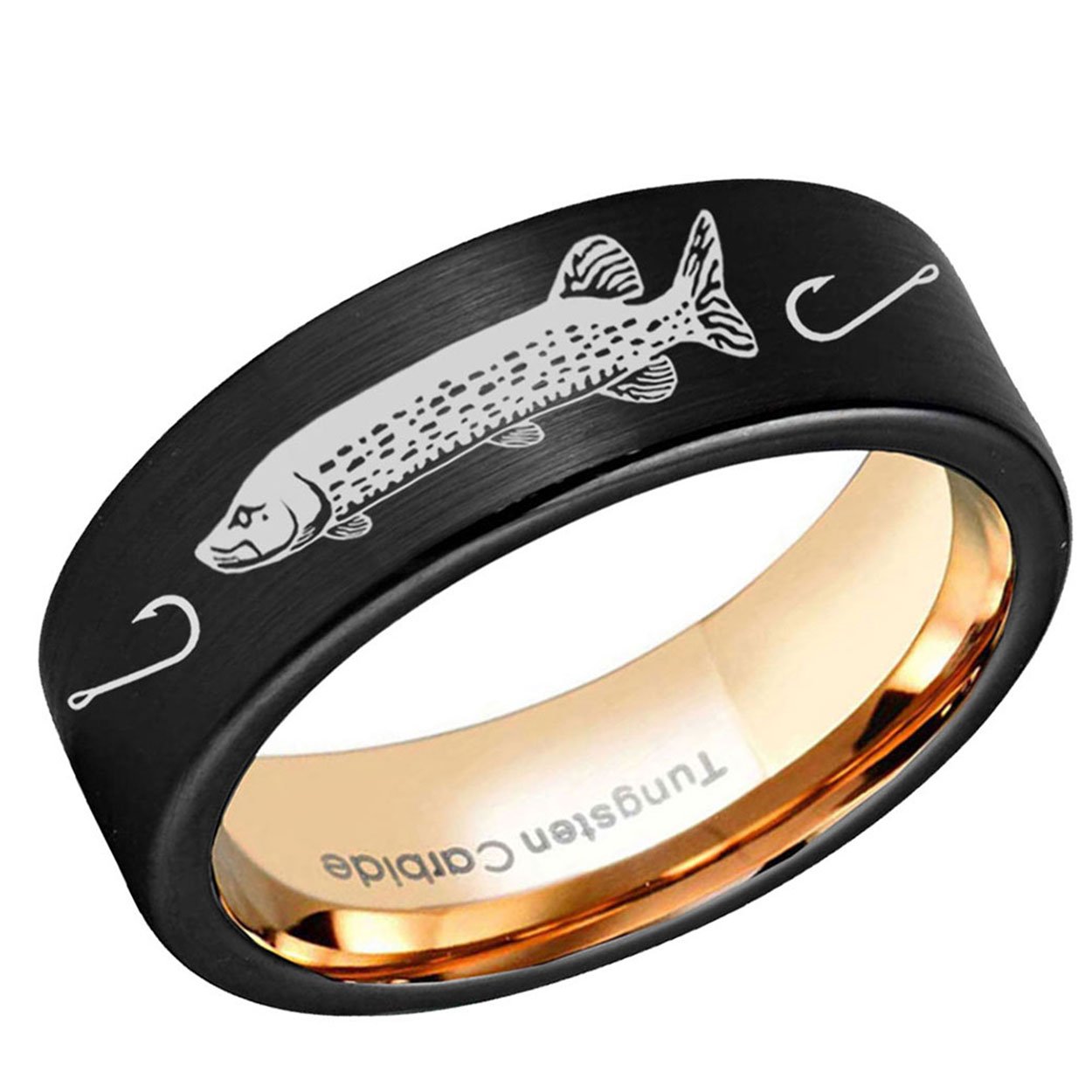 Northern Pike Pipe Cut Tungsten Ring 8mm Rose Gold Black