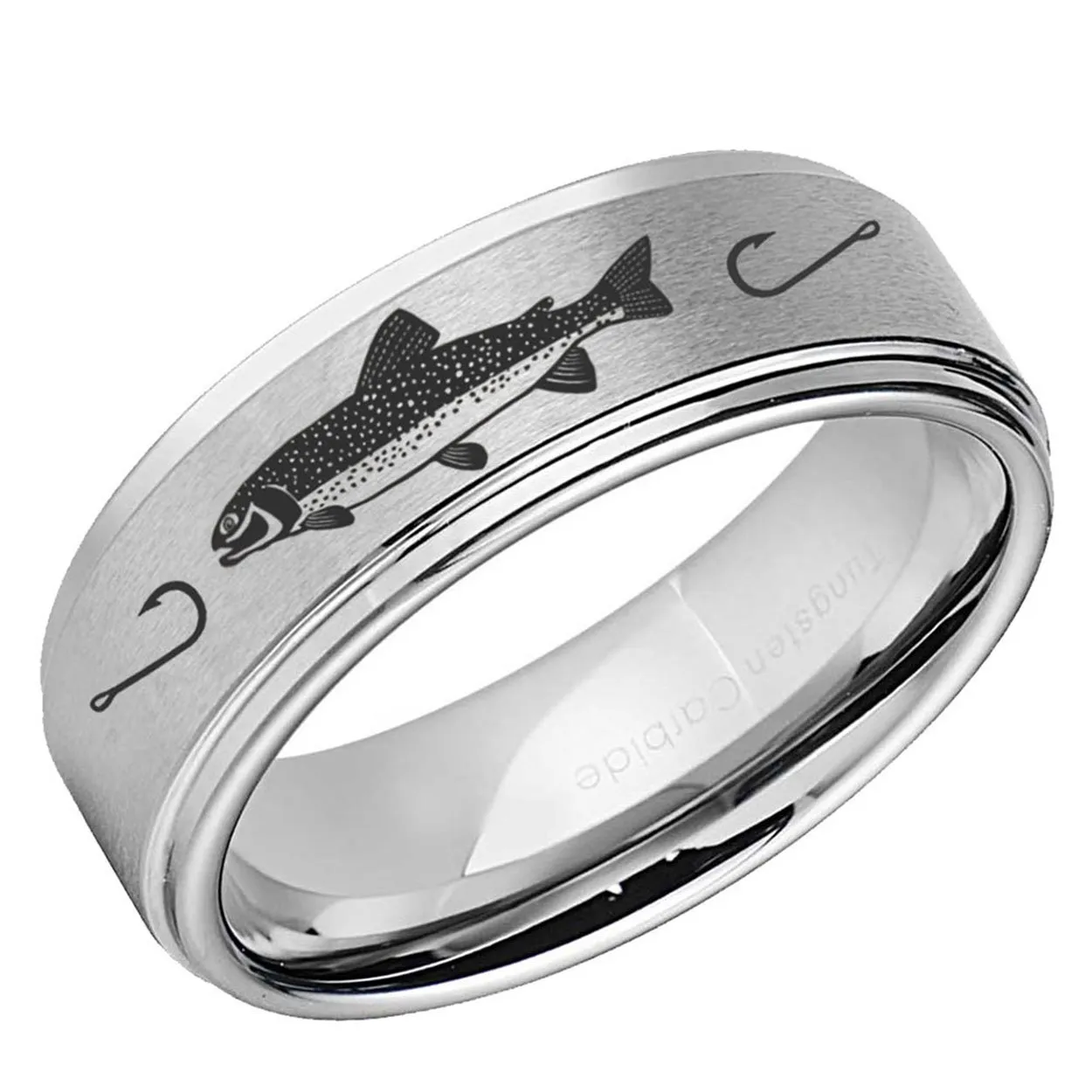 Rainbow Trout Step Edge Tungsten Ring Matte Silver 10mm