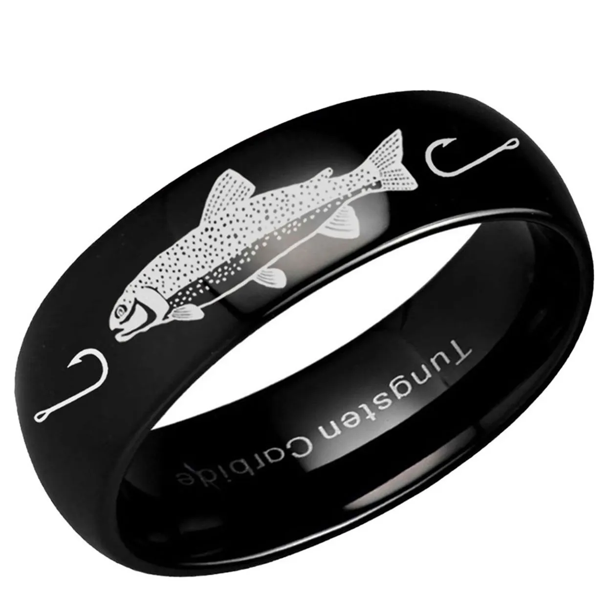 Rainbow Trout Dome Tungsten Ring Glossy Black 10mm