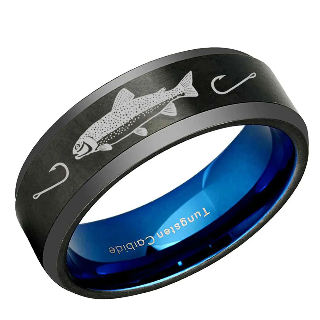 Rainbow Trout Beveled Edge Tungsten Ring Black Blue 10mm