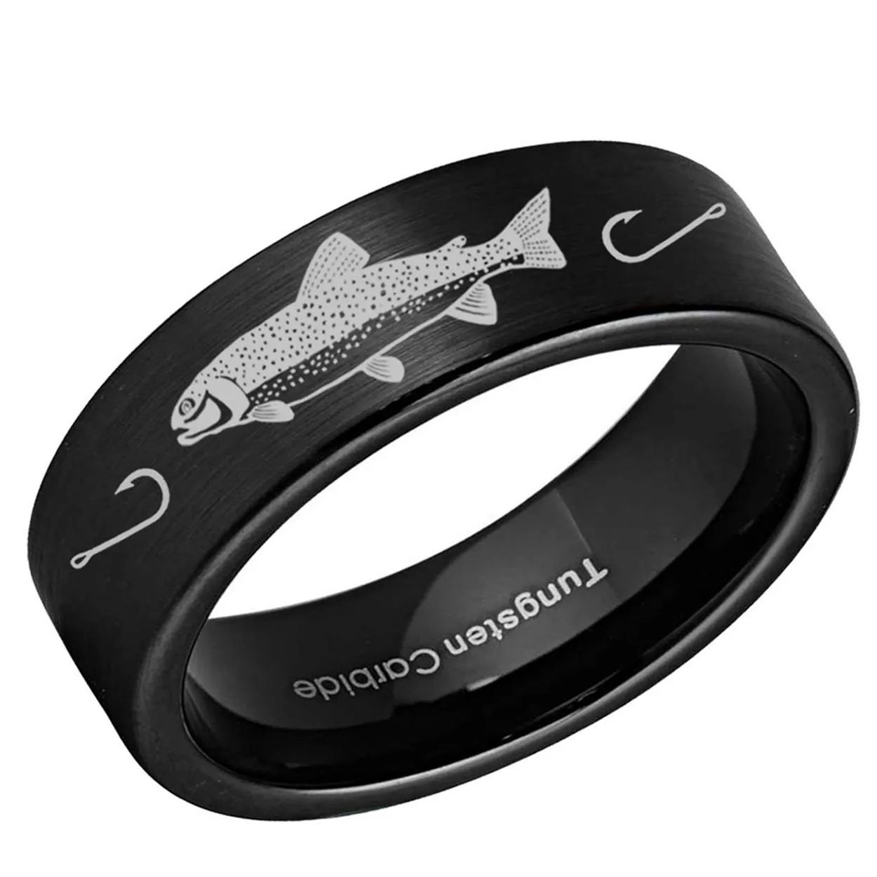 Rainbow Trout Pipe Cut Tungsten Ring Brushed Black 8mm
