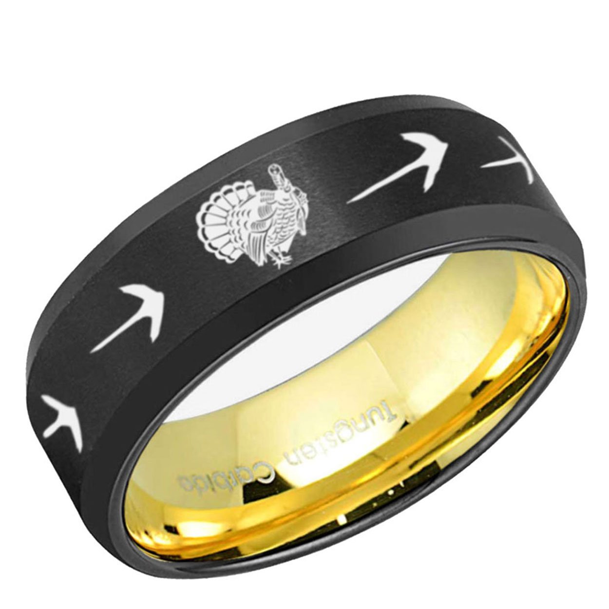 Turkey Hunting Beveled Edge Tungsten Ring Gold Black 8mm