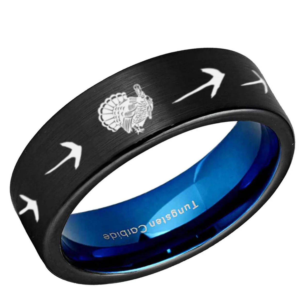 Turkey Hunting Pipe Cut Tungsten Ring Blue Black 8mm