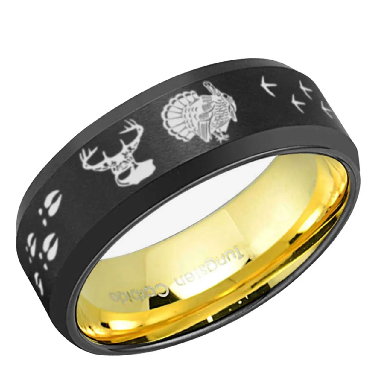 Deer Turkey Tracks Beveled Edge Tungsten Ring Gold Black 8mm
