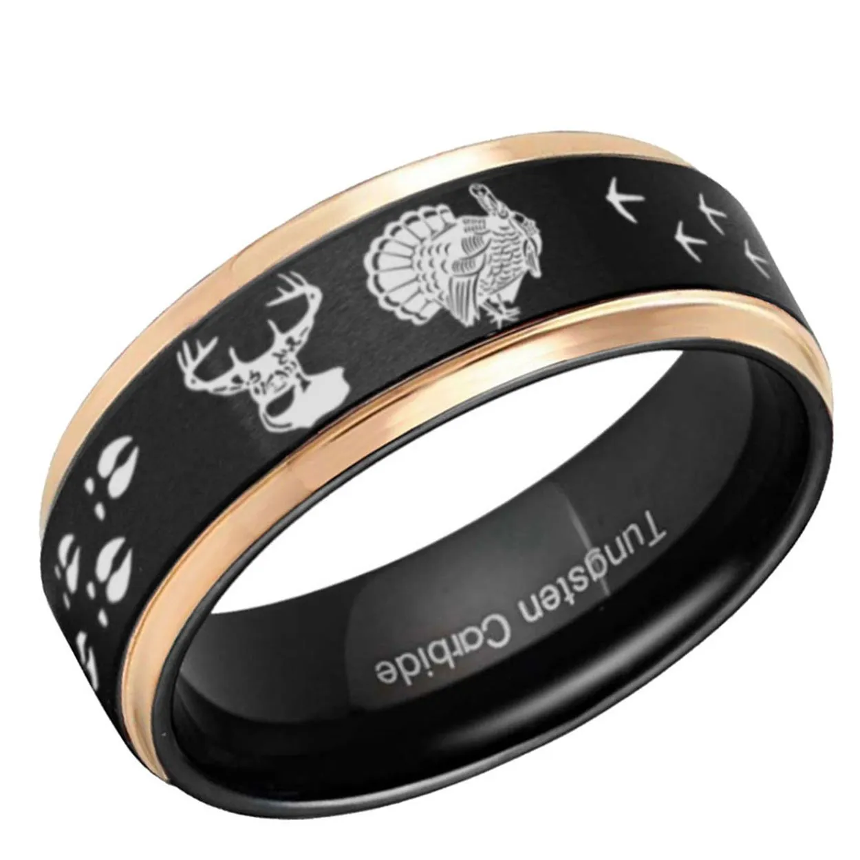 Deer Turkey Tracks Step Edge Tungsten Ring Black Rose Gold 8mm