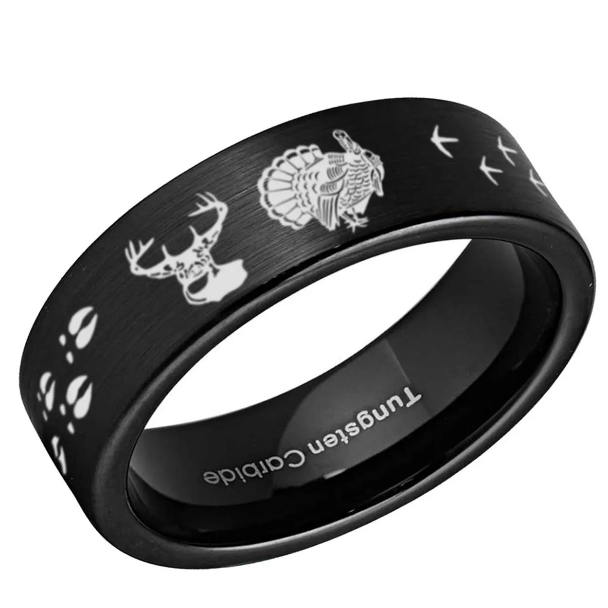 Deer Turkey Tracks Pipe Cut Tungsten Ring Brushed Black 8mm