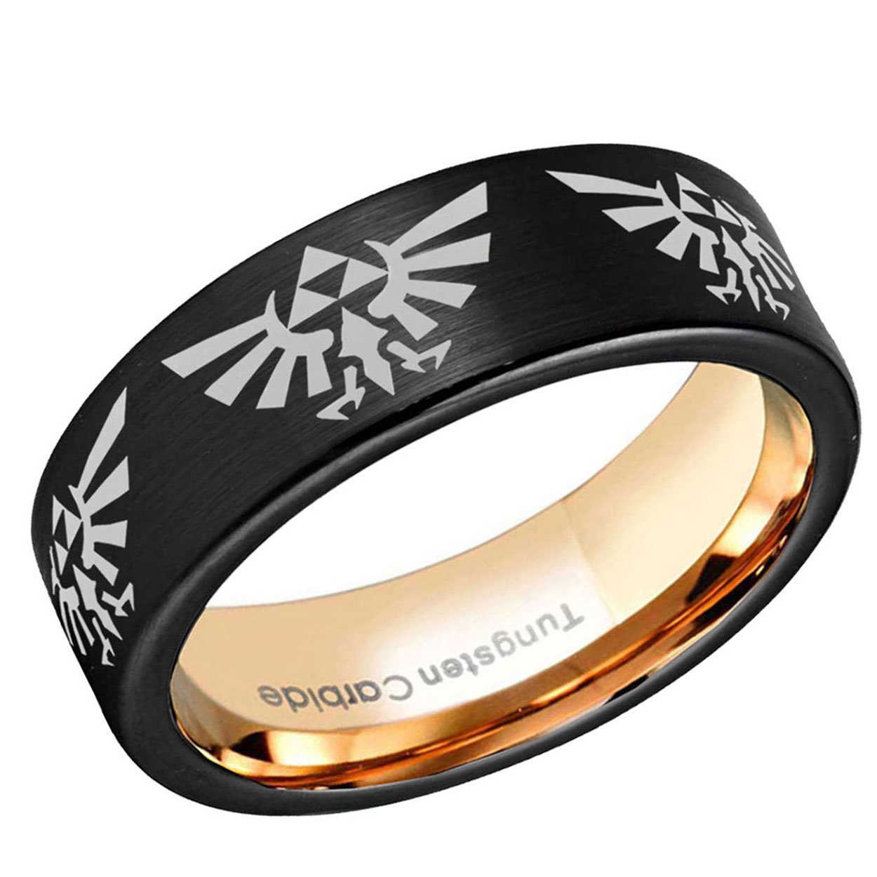 Legend of Zelda Hylian Crest Pipe Cut Tungsten Ring Rose Gold Black 8mm