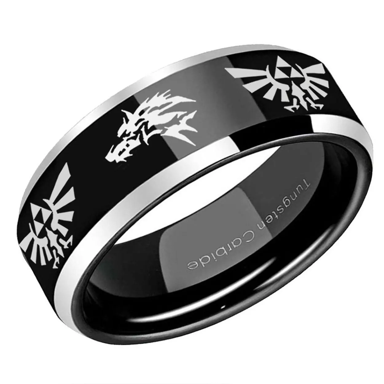 Zelda Wolf Beveled Edge Tungsten Ring Two Tone Black 10mm
