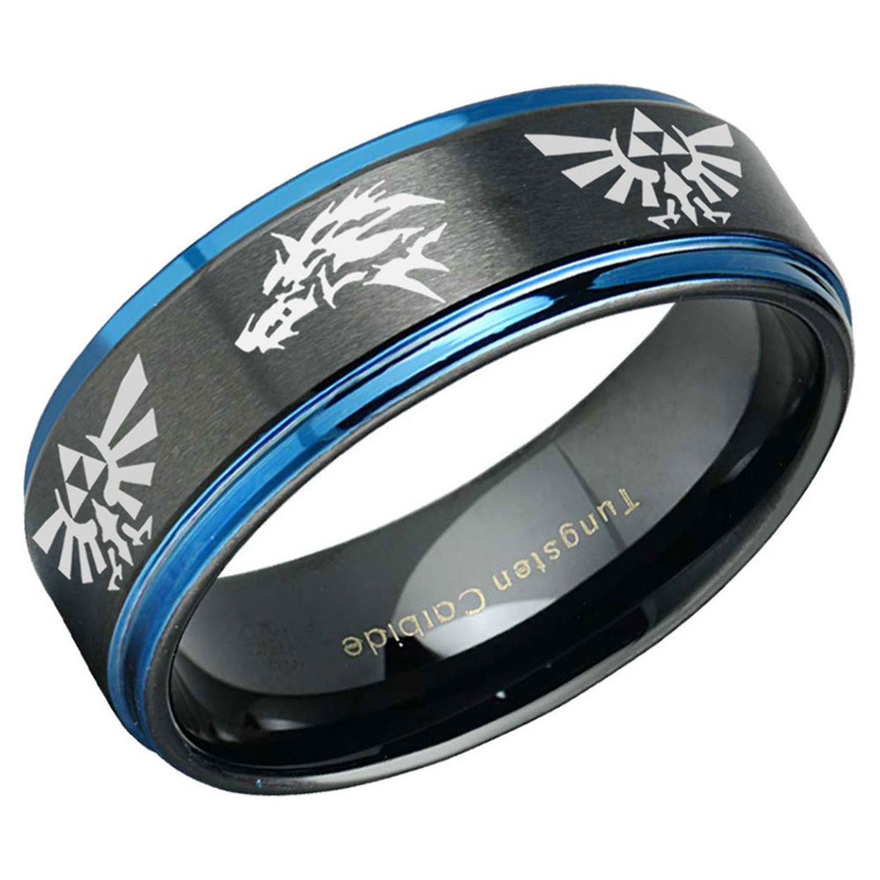 Zelda Wolf Step Edge Tungsten Ring Black Blue 10mm