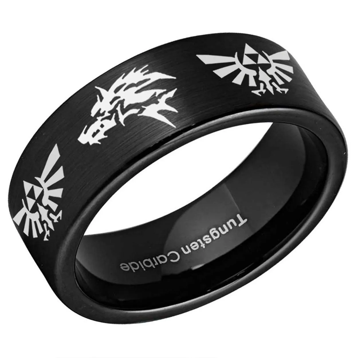 Zelda Wolf Pipe Cut Tungsten Ring Brushed Black 8mm