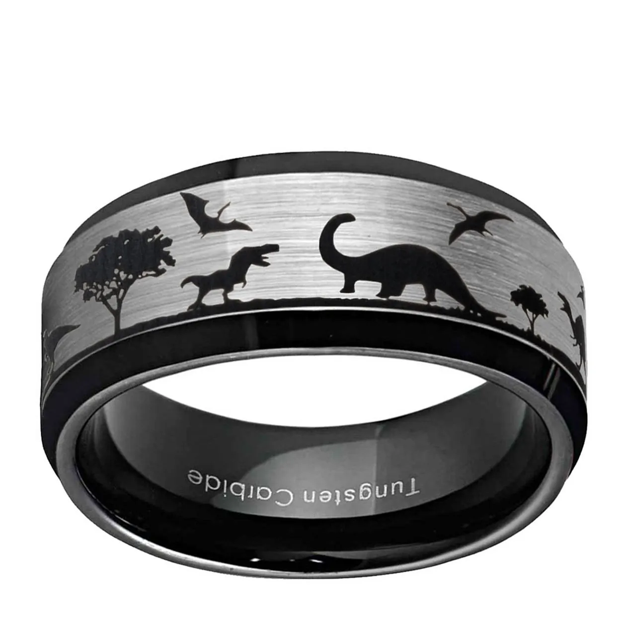 Dinosaur 8mm Beveled Edge Tungsten Ring Gray Black