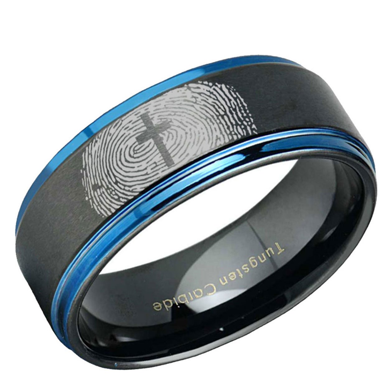 Cross Fingerprint 8mm Step Edge Tungsten Ring