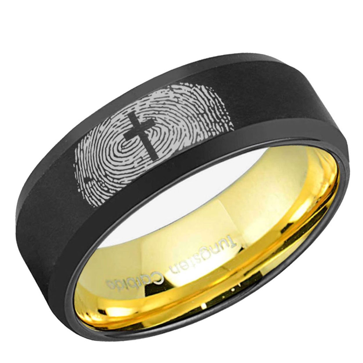 Cross Fingerprint 8mm Beveled Edge Tungsten Ring