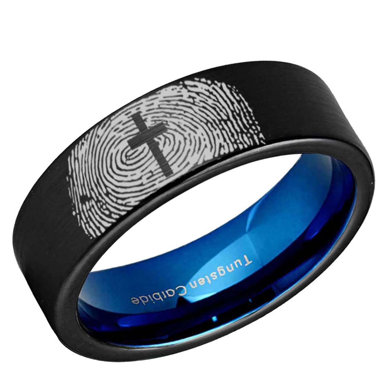 Cross Fingerprint 8mm Pipe Cut Tungsten Ring Blue Black 6mm