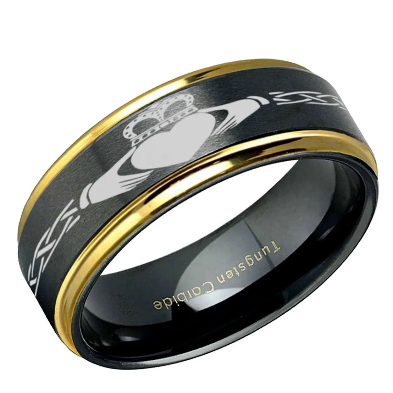 Celtic Claddagh Step Edge Tungsten Ring 8mm Black Gold