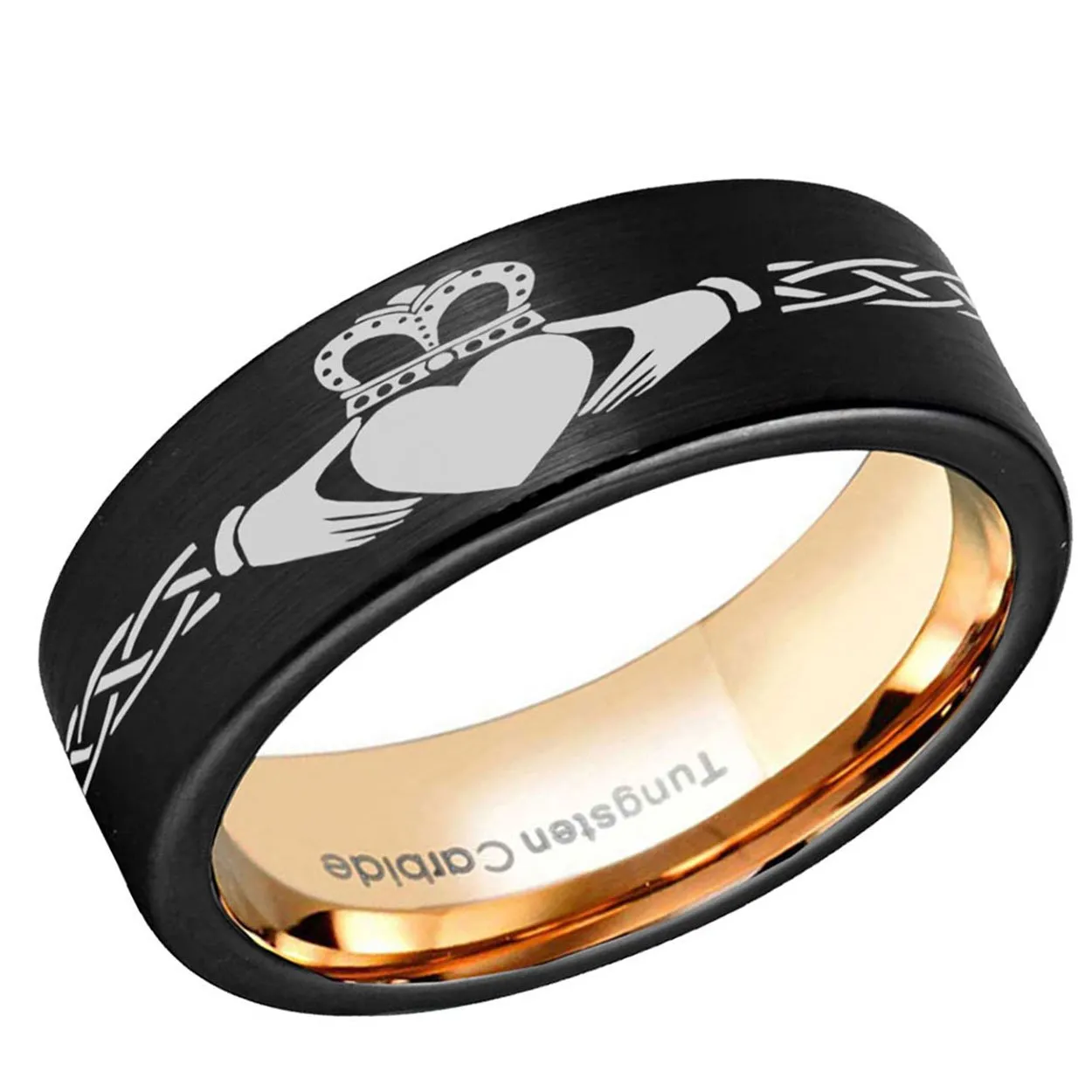 Celtic Claddagh Pipe Cut Tungsten Ring 8mm Rose Gold Black