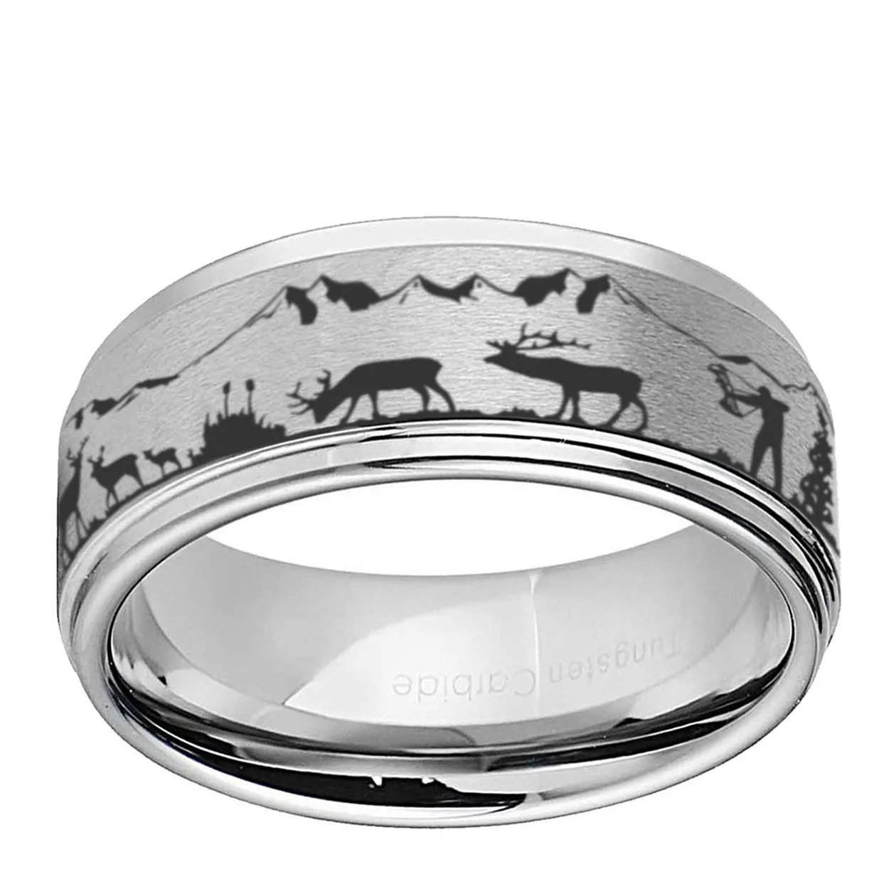 Bow Hunting Deer Antler 8mm Step Edge Tungsten Ring Gray
