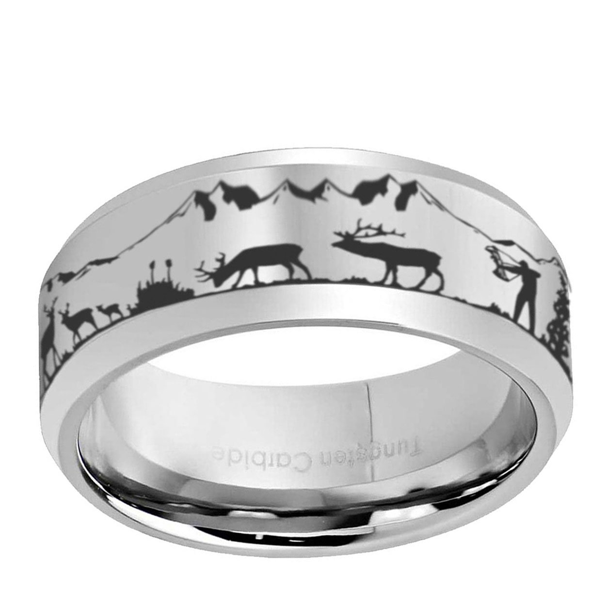 Bow Hunting Deer Antler 8mm Beveled Edge Tungsten Ring