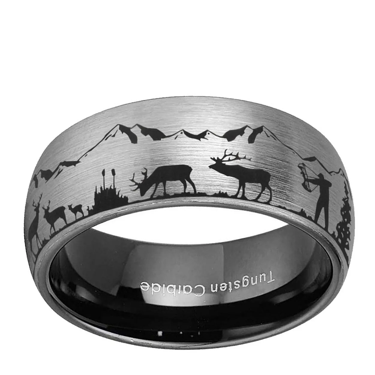 Bow Hunting Deer Antler 8mm Dome Tungsten Ring Gray Black